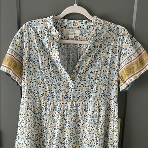 Trovata White Midi Dress with Blue-Green Floral Print and Yellow Size Small